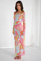 Model wearing the EMILIO Orchid Multi long sleeve mesh dress, front view