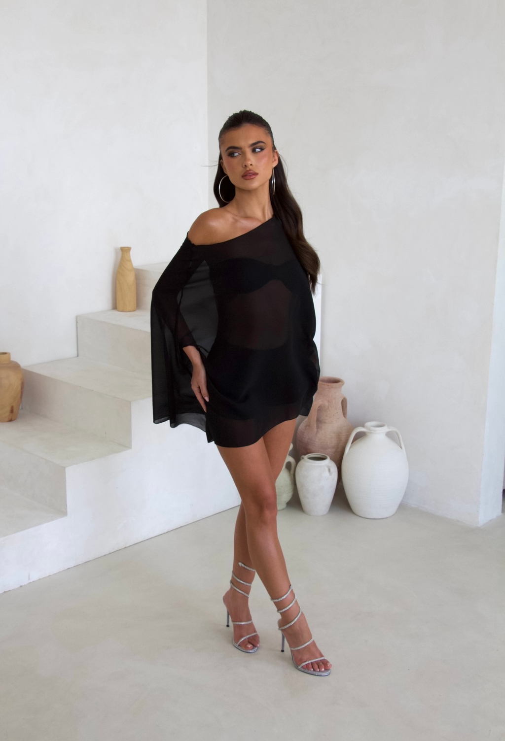 Black bandeau and shorts, side view