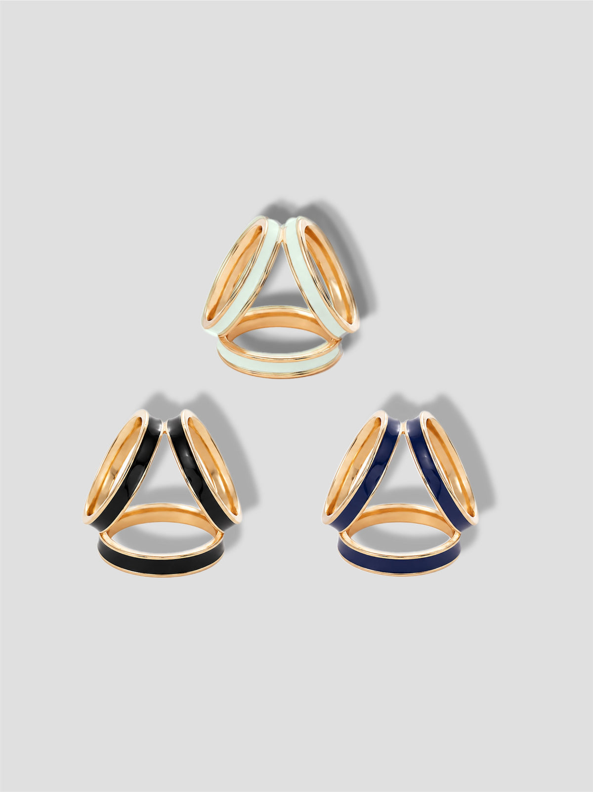 H 3 way colour gold scarf rings in limewash, navy and black