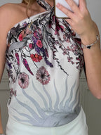 Side view of the lilac grey flower moon scarf top