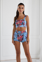 DOLCE blue floral bralet and shorts set, styled