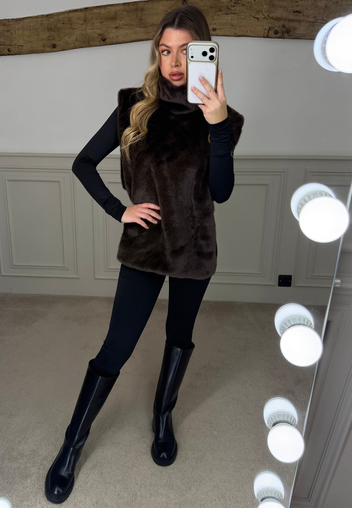Brown faux fur turtle neck vest poncho