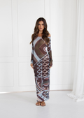 Model wearing the EMILIO Vivara brown and teal long sleeve mesh dress, front view