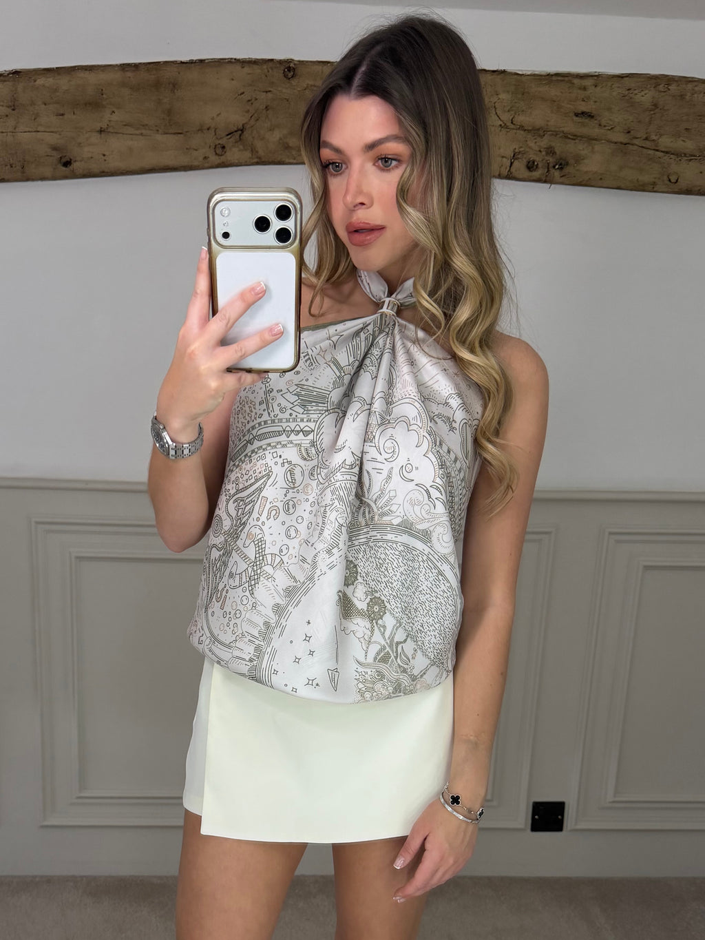 Beige horoscope print 90cm scarf top with sage green trim