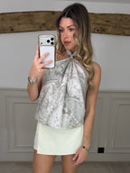Beige horoscope print 90cm scarf top with sage green trim