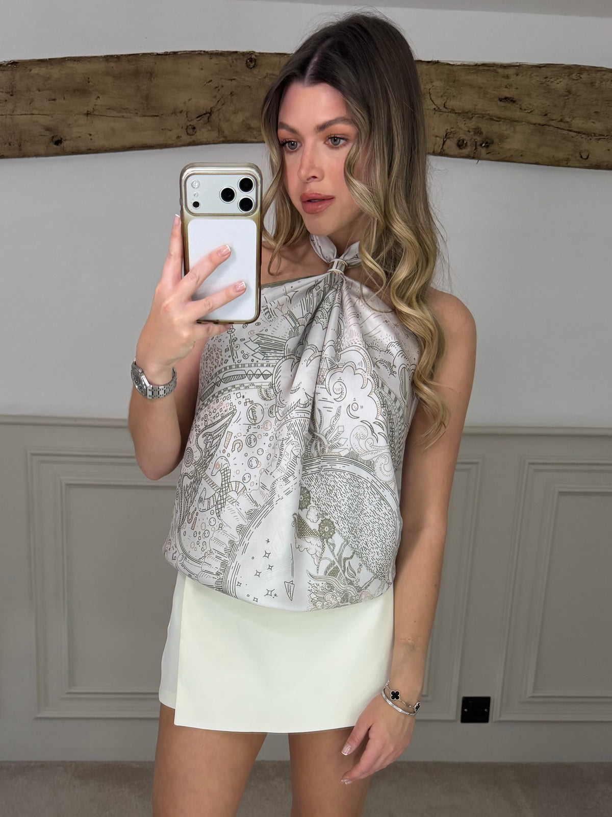 Beige horoscope print 90cm scarf top with sage green trim