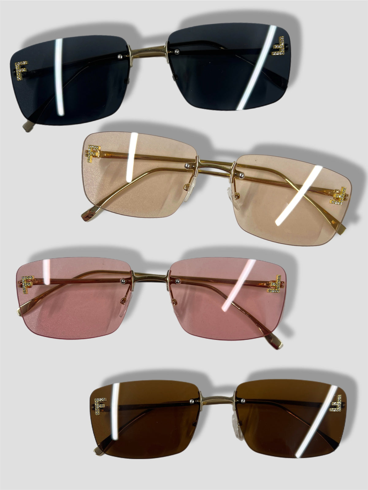 FE frameless square sunglasses with gold arm