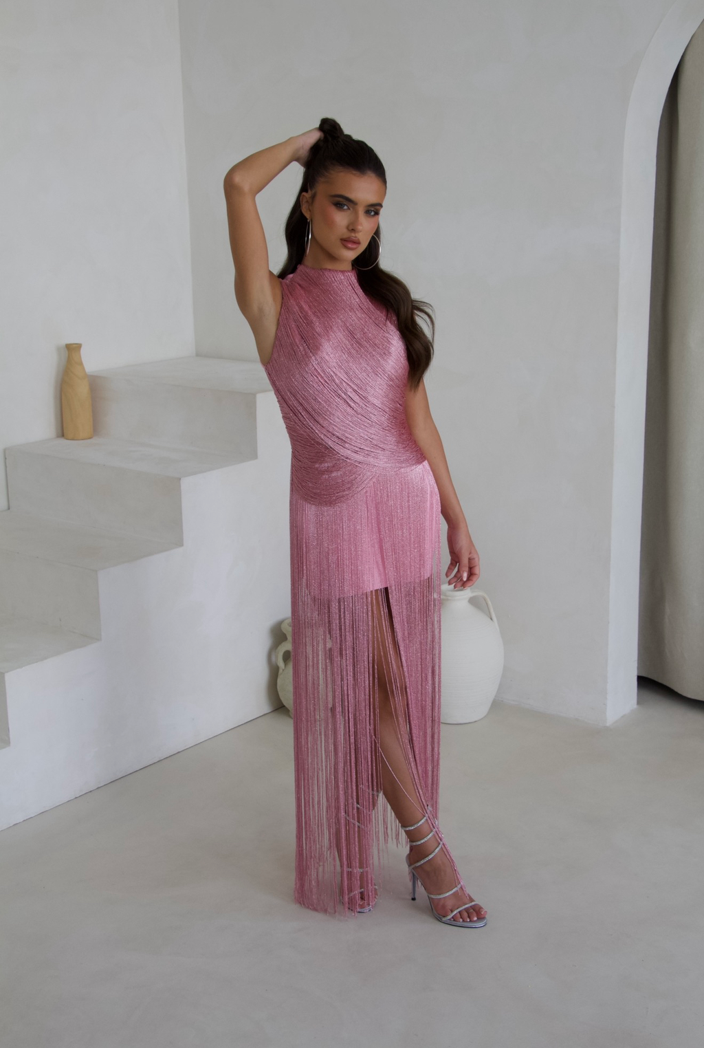 Pink tassel fringe bandage dress, full length
