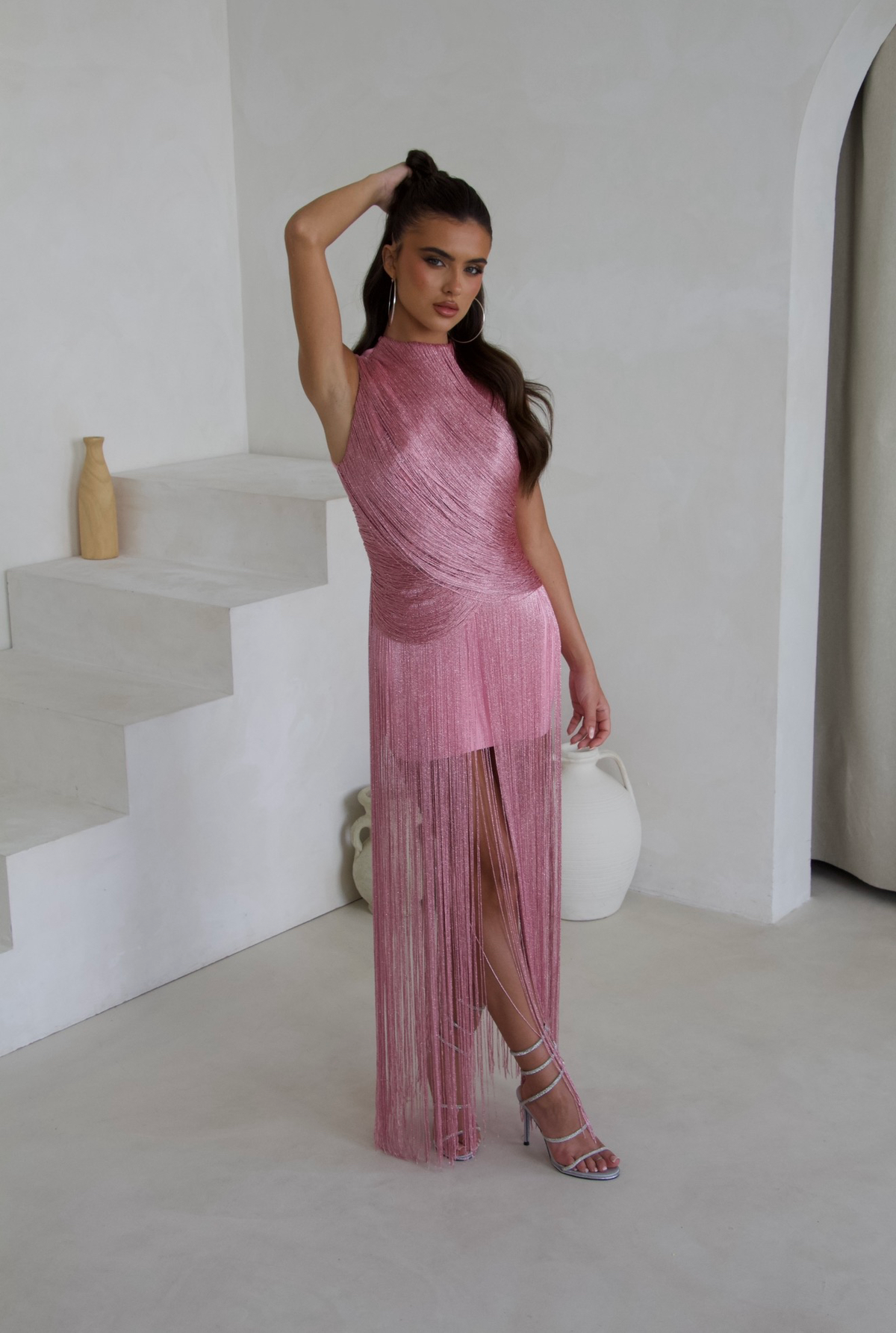 Pink tassel fringe bandage dress, full length