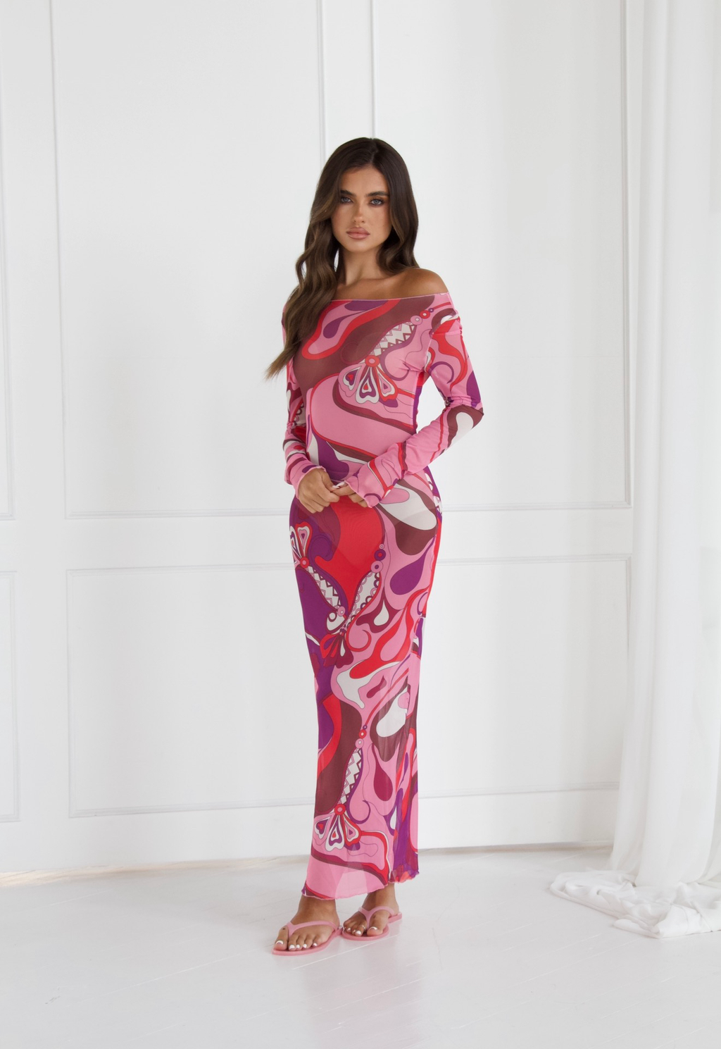 Pink Orchid long sleeve mesh dress, full length