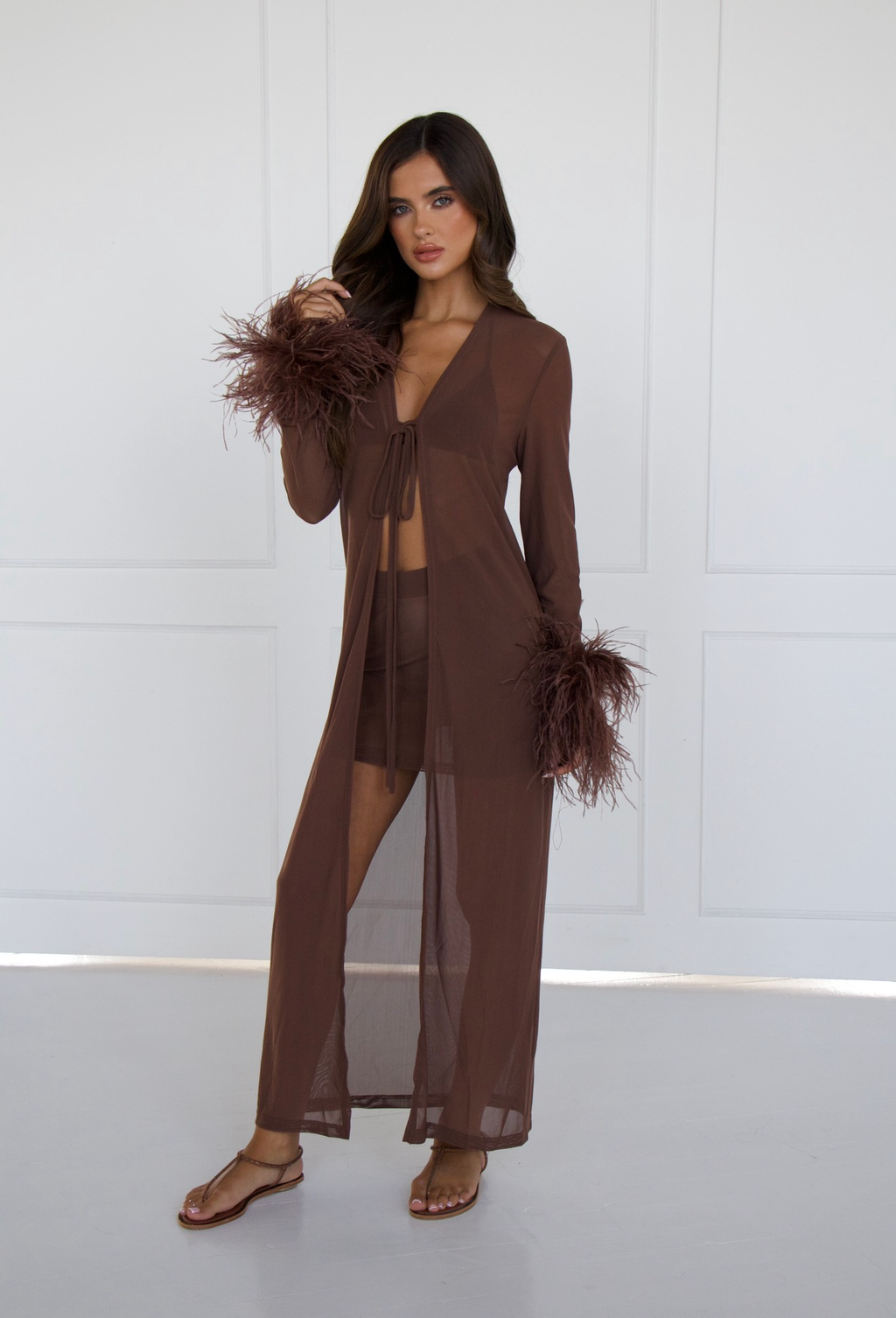 Brown ostrich feather two piece, styled