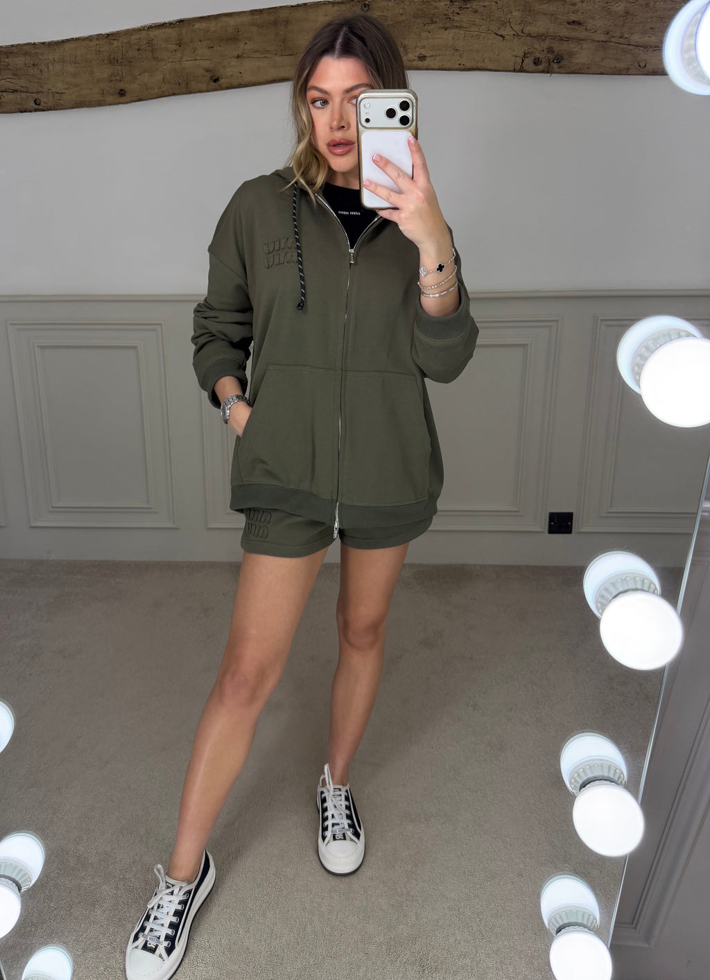 Back view of the khaki oversized hoodie co-ord