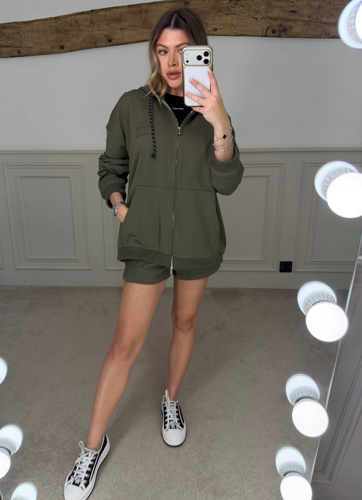 Back view of the khaki oversized hoodie co-ord