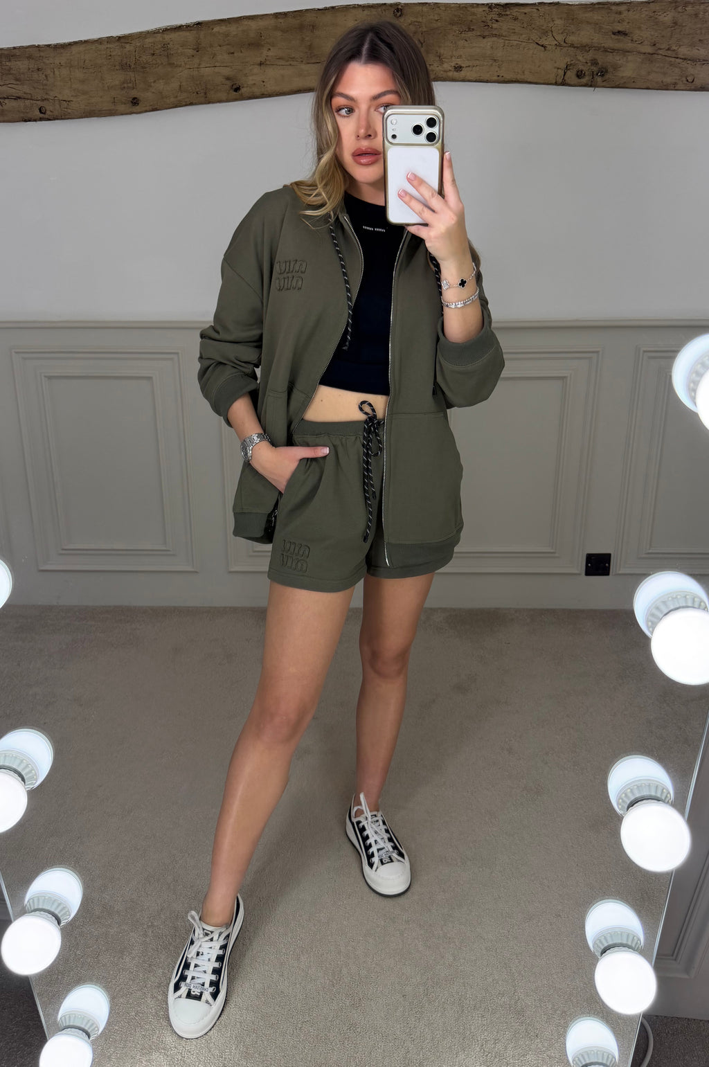 MUI khaki oversized hoodie and shorts co-ord set
