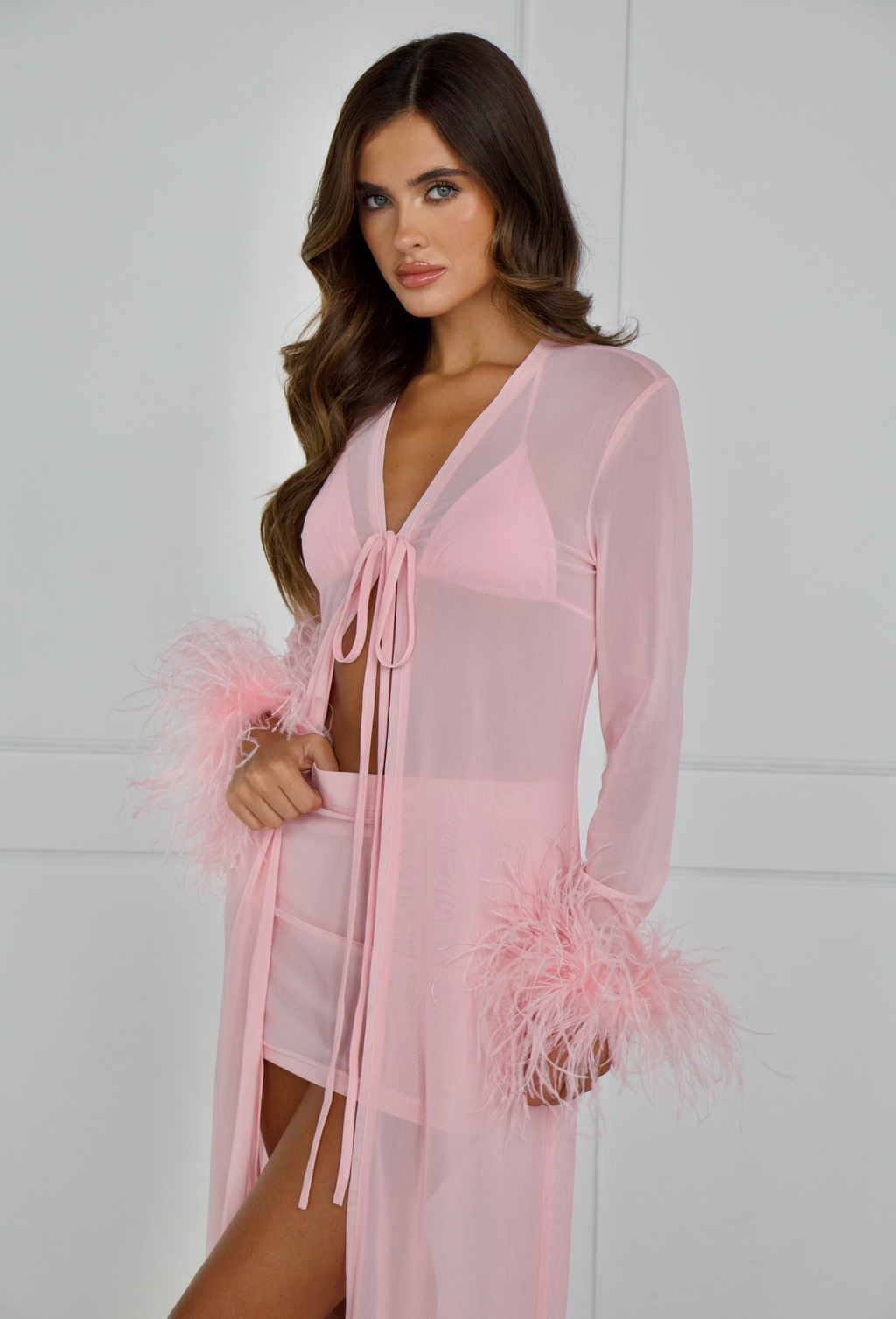 Pink ostrich feather mesh two piece, styled