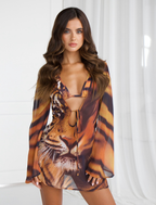 Model wearing the ROBERTO Tiger Eye kaftan, front view