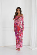 Model wearing the EMILIO Pink Orchid long sleeve mesh dress, front view