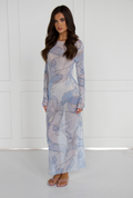Model wearing the EMILIO Orchid blue long sleeve mesh dress, front view