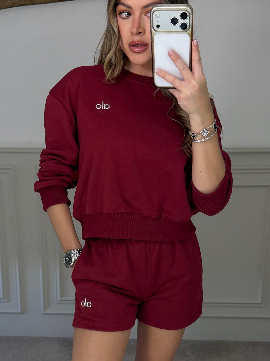 Burgundy jumper and shorts co-ord worn front on