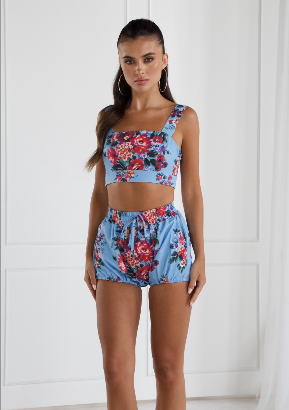 Detail of the blue floral print on the bralet