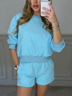 Back view of the blue shorts and jumper set