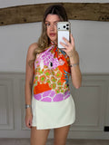 Pink and orange exotic giraffe print 90cm scarf styled as a top